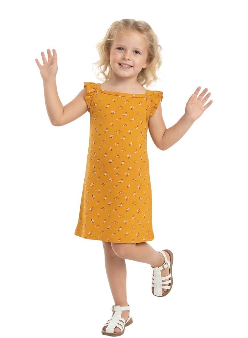 WiNi BEE Girls' Floral Dress with Ruffle Sleeves | Mustard Yellow Sun Dress for Toddlers 2-6 Years | Summer Play Dress with Elastic Waist - Image 3